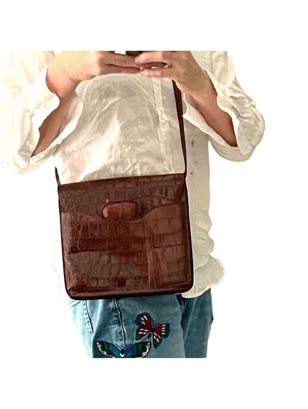Alligator Italy Brown Leather Joan & David Lining Crocodile Crossbody Bag VTG